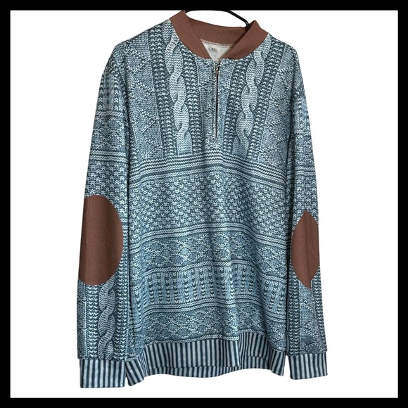 Unbranded Other - Mens XL Blue Multi Pattern Knit Quarter Zip Pullover Sweater Elbow Patches